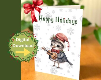 Cute Holiday card with a bird- Cute Digital Christmas card printable -Bird playing guitar Printable - Instant download Christmas card