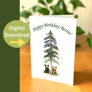 Tarjeta de cumpleaños Bestie - Tarjeta de cachorro de oso imprimible - Tarjeta de cumpleaños del mejor amigo - Tarjeta de cumpleaños de descarga instantánea - Lindo estampado animal en la tarjeta de casa