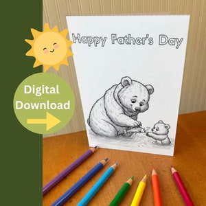 Carte de fête des pères à colorier - Carte de voeux douce à imprimer pour papa - Carte papa ours et bébé ours - Carte à téléchargement immédiat pour la fête des pères