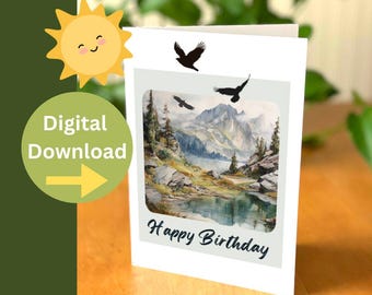 Puede incluir: Una descarga digital de una tarjeta de cumpleaños con una pintura de acuarela de un lago de montaña con dos pájaros volando por encima. El texto "Happy Birthday" está impreso debajo de la imagen.
