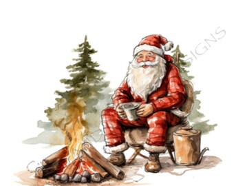 Peut inclure: Une carte de Noël représentant un Père Noël de dessin animé assis au coin du feu dans les bois. La carte porte les inscriptions « Joyeux Noël » et « J'espère que vous aurez du temps pour vous détendre ».