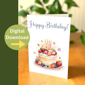 Carte de gâteau d'anniversaire - Carte de shortcake aux fraises - Carte de joyeux anniversaire à téléchargement numérique - Carte de joyeux anniversaire à imprimer à la maison