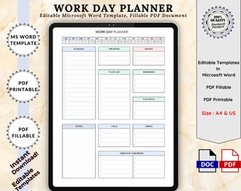 Editable Work Planner Template, Work Day Organizer, Printable Daily Planner, Work To Do List, Note Planner Office Organizer,Digital Schedule