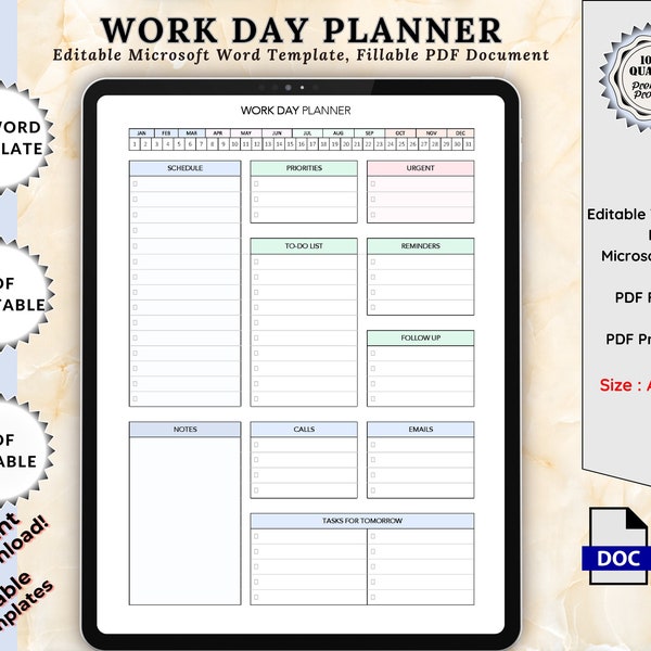 Editable Work Planner Template, Work Day Organizer, Printable Daily Planner, Work To Do List, Note Planner Office Organizer,Digital Schedule