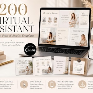 Op de afbeelding: Een digitale marketing-sjabloonset voor virtuele assistenten met 200 Instagram-posts en stories. De weergave toont een laptop- en smartphonescherm met beige en witte lay-outs, tekstoverlays en professionele fotografie in een neutraal kleurenpalet.