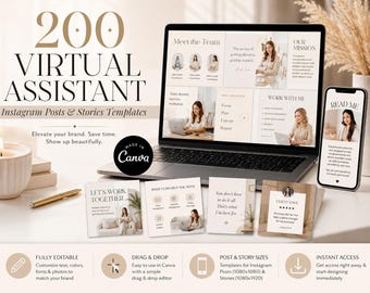 Puede incluir: Un conjunto de plantillas de marketing digital para asistentes virtuales con 200 publicaciones e historias de Instagram. La pantalla muestra un portátil y un teléfono con diseños en beige y blanco, texto superpuesto y fotografías profesionales.