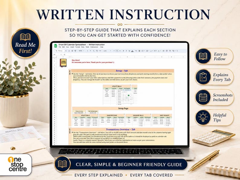 Written instruction guide for Smart Bill Calendar Spreadsheet with Read Me First setup steps and beginner-friendly guidance