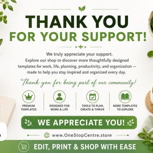 Thank you for your support card from One Stop Centre with elegant branding and invitation to explore more templates