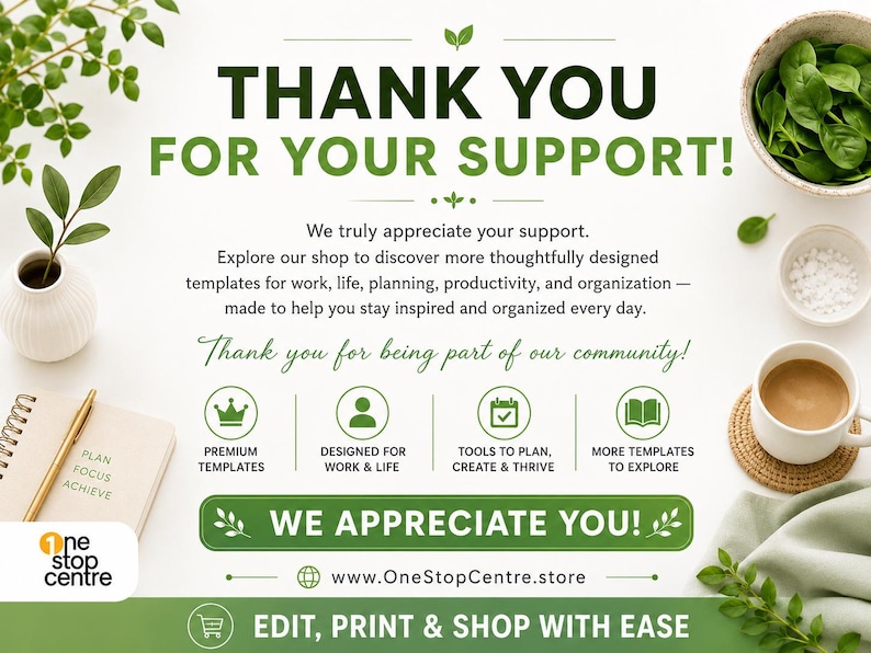 Thank you for your support card from One Stop Centre with elegant branding and invitation to explore more templates