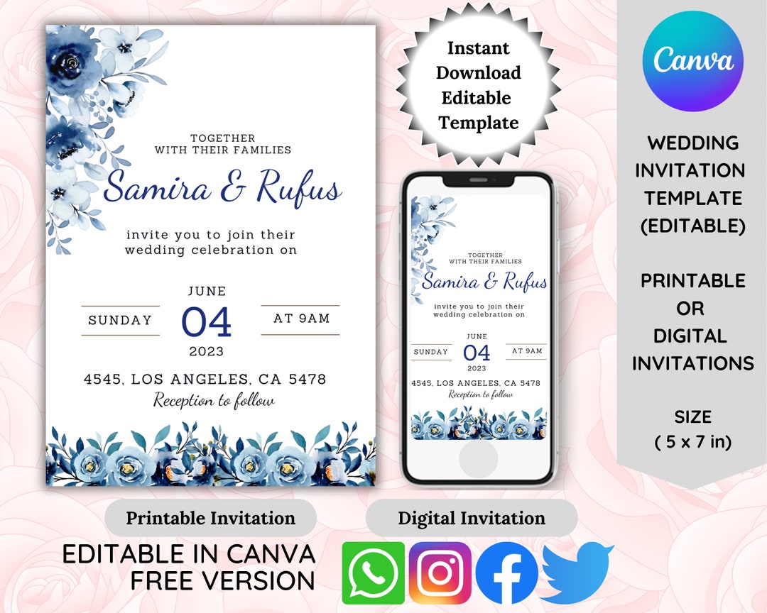 minimalist-blue-floral-wedding-invitations-templates-digital-invitation-card-printable-wedding-ceremony-invites-canva-editable-templates-etsy for Free Printable Wedding Card Templates Minimalist Blue Floral Wedding Invitations Templates, Digital Invitation Card, Printable Wedding Ceremony Invites, Canva Editable Templates - Etsy for Free Printable Wedding Card Templates