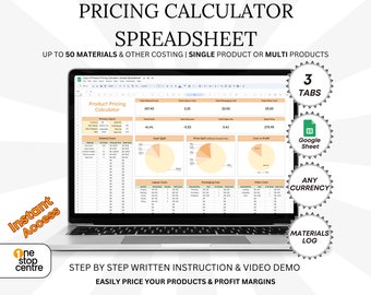 May include: A laptop computer displaying a Google Sheet spreadsheet titled "Product Pricing Calculator". The spreadsheet has three tabs: "Cost Split", "Price Split", and "Cost vs Profit". The spreadsheet is designed to help users calculate the cost of their products and determine their profit margins. The spreadsheet includes fields for entering information about materials, labor, packaging, and other costs. The spreadsheet also includes charts that visualize the cost breakdown and profit margin.