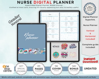 May include: A digital planner for nurses with 291 pages, 130 cover pages, and 140+ bonus stickers. The planner is gender neutral and includes a complete guide. It is available for instant download and is compatible with iPad and Android devices.