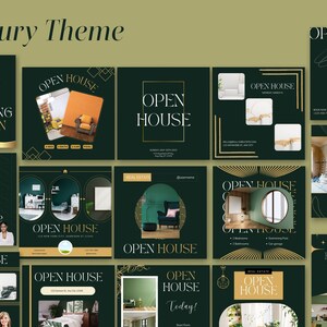 May include: A collection of social media post templates for real estate agents. The templates feature a dark green background with gold accents and images of homes. The text "Open House" is featured on each template.