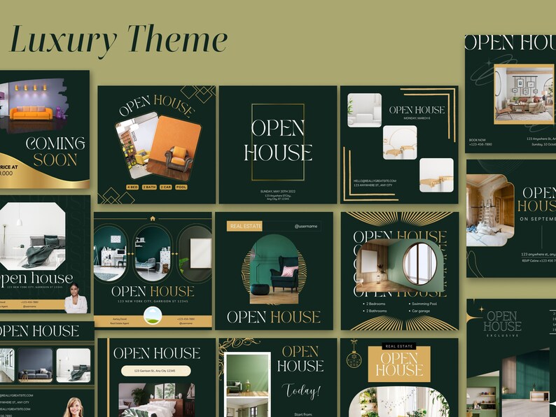 May include: A collection of social media post templates for real estate agents. The templates feature a dark green background with gold accents and images of homes. The text "Open House" is featured on each template.
