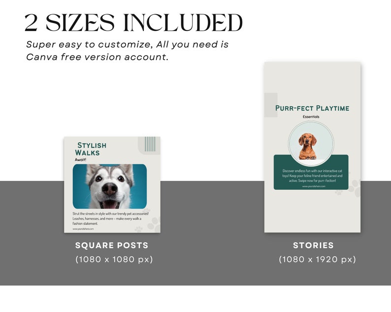 Pets Care And Accessories Educational Social Media Business Marketing Bundle Instagram Templates, Posts and Stories for Instagram and Facebook  200 Ready Made Templates Fully Customizable in Canva's Free Version.