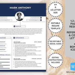 Plantilla de CV con foto, plantilla de CV profesional para Word, plantilla de CV elegante y limpia con imagen, referencias, plantillas de carta de presentación