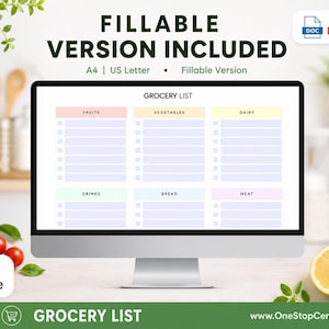 Fillable grocery list template displayed on desktop screen showing editable PDF version