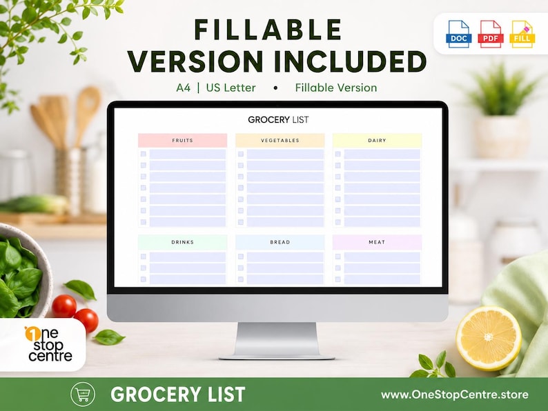 Fillable grocery list template displayed on desktop screen showing editable PDF version