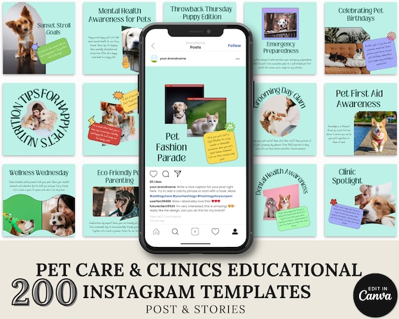 Pet Clinic Instagram Templates 200 Canva | Veterinary Social Media Posts Stories Bundle | Pet Vaccination Dental Health Pack | Facebook