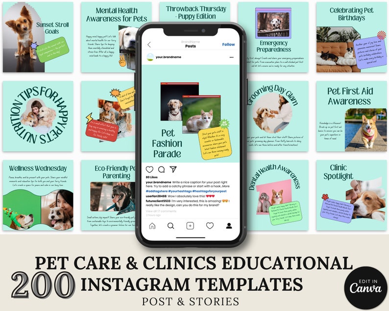 Pets Care and Accessories Instagram Business Marketing Templates, Posts and Stories for Instagram and Facebook – 200 Ready-Made Templates Fully Customizable in Canva's Free Version. using Canva's free version, Instagram post templates