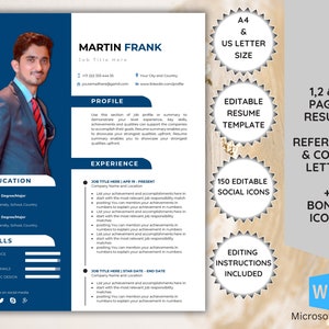 Peut inclure: Un modèle de CV bleu et blanc pour Microsoft Word. Le modèle comprend 150 icônes sociales modifiables et des icônes bonus. Le modèle est disponible en format A4 et lettre américaine. Le modèle est pour 1, 2 ou 3 pages et comprend une lettre de référence et une lettre de motivation.