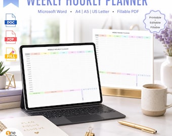 Planejador semanal por hora, modelo imprimível em Word e PDF | Planejador editável com cronograma por hora | Planejador de blocos de tempo | Organizador diário A4 A5 (EUA)