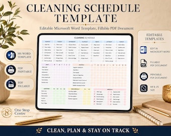 Printable Cleaning Schedule Planner Template | Cleaning Checklist Word PDF | Daily Weekly Monthly Cleaning Planner | Household Chores