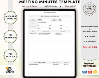 Editable Work Meeting Minutes Template, Printable Meeting Agenda Notes, Minimalist Meeting Minutes Template For Word, PDF Fillable Templates