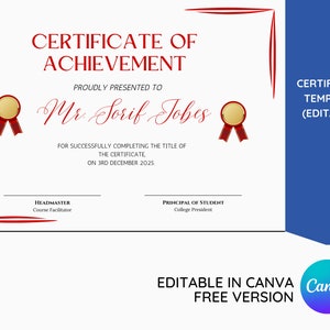 Certificate Template, Editable Certificate of Completion, Achievement, Awards, Recognition, Printable Template, DIY Templates, Customizable