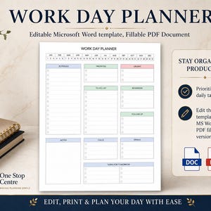 Work Day Planner template showing editable daily planner page with Microsoft Word and fillable PDF use for staying organized and productive