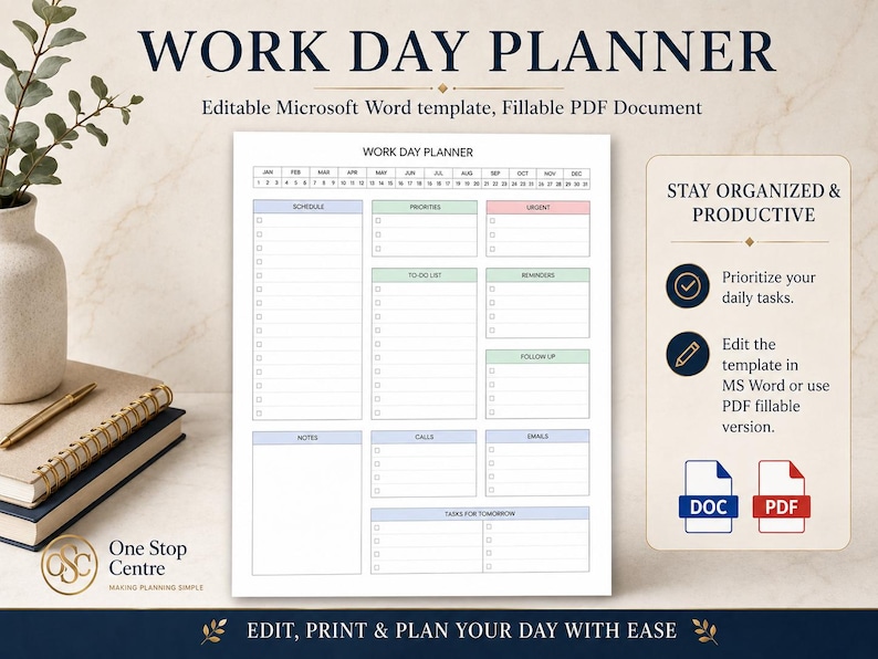 Work Day Planner template showing editable daily planner page with Microsoft Word and fillable PDF use for staying organized and productive