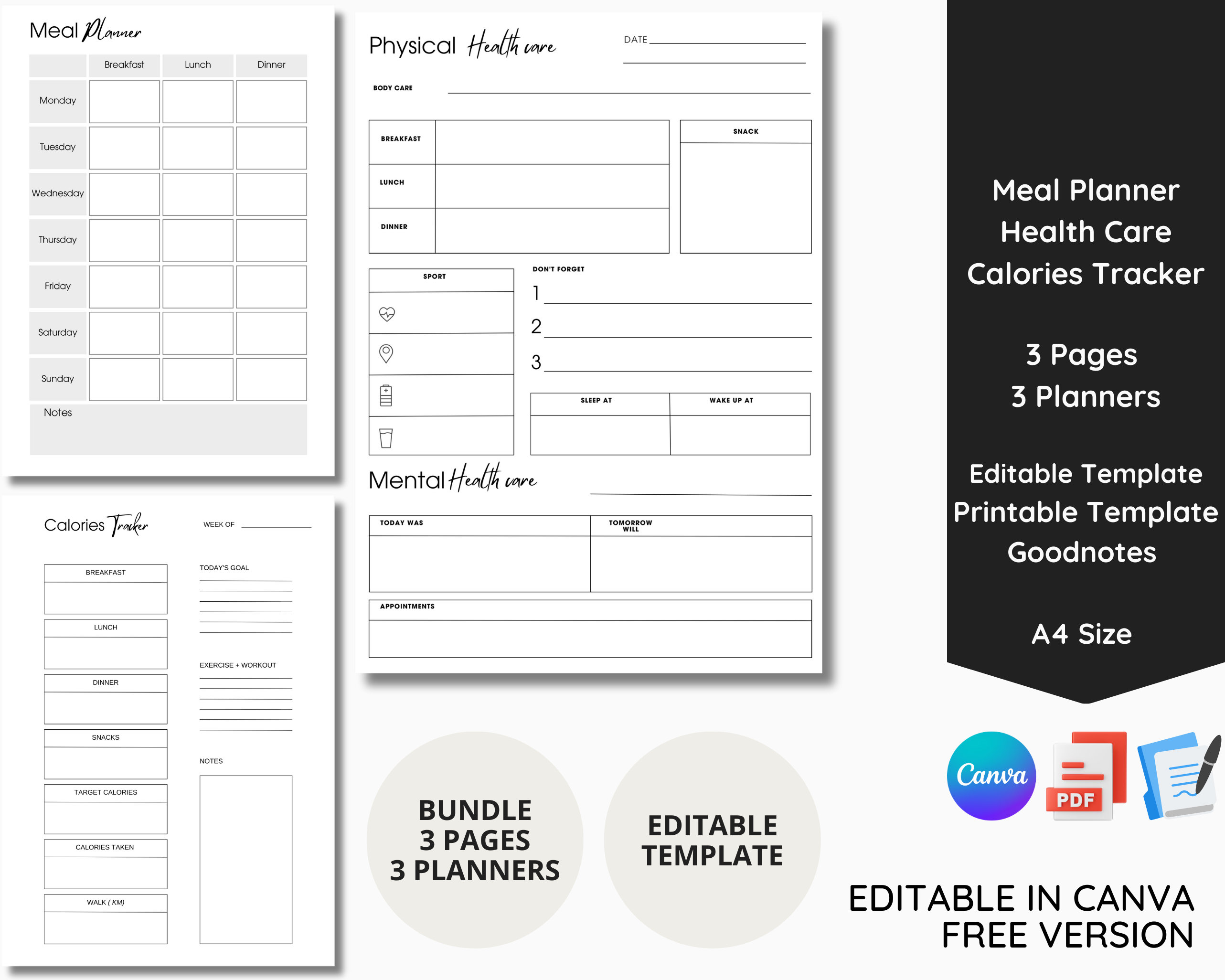Editable Printable Template, Health Planner Bundle, Meal Planner ...