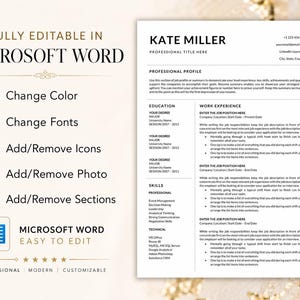 Fully editable Microsoft Word resume template where buyers can change colors, fonts, icons, photo and sections to customize their resume.