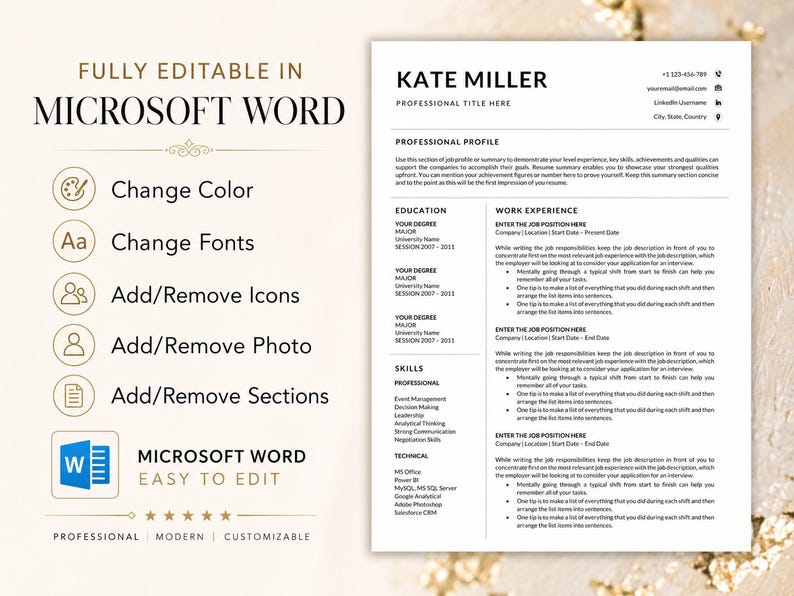 Fully editable Microsoft Word resume template where buyers can change colors, fonts, icons, photo and sections to customize their resume.