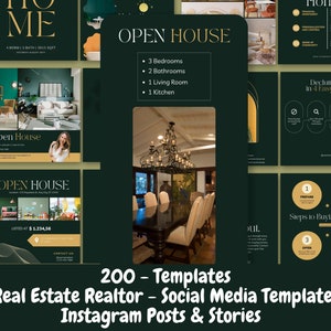 May include: A collage of social media templates for real estate agents. The templates feature a green and gold color scheme with images of homes and text about open houses, decluttering, and steps to buying a home. The text "200 - Templates" is at the bottom of the image.