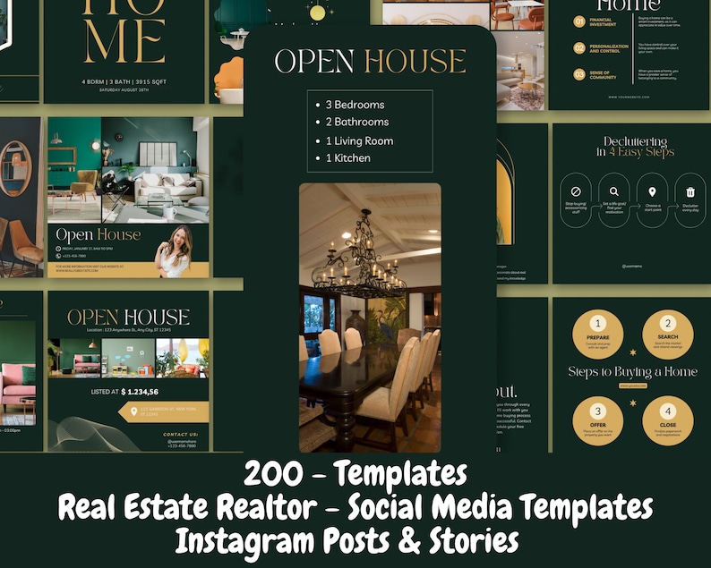 May include: A collage of social media templates for real estate agents. The templates feature a green and gold color scheme with images of homes and text about open houses, decluttering, and steps to buying a home. The text "200 - Templates" is at the bottom of the image.
