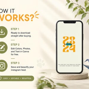 How it works guide for pet care Canva templates showing instant download, editing in Canva and posting to Instagram.