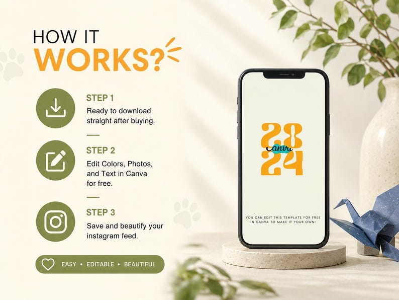 How it works guide for pet care Canva templates showing instant download, editing in Canva and posting to Instagram.