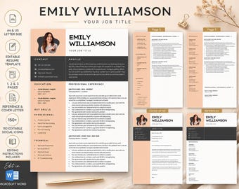 Modern Resume Template with Photo Word | Creative Professional CV Templates | 1 2 3 Page Cv Cover Letter References | US Letter A4 Editable