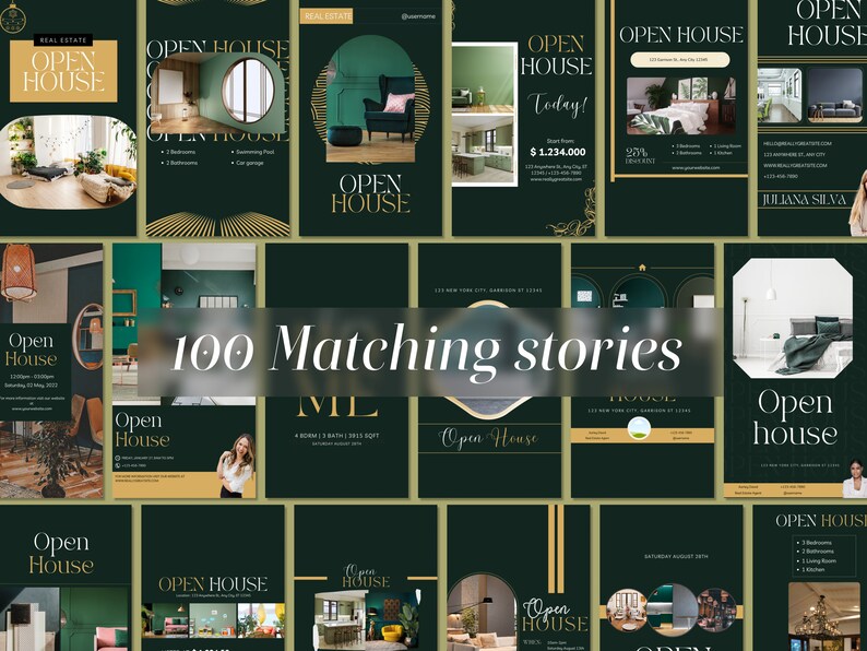 May include: A collage of 12 Instagram story templates for real estate open houses. The templates feature a dark green background with gold accents and text that says "Open House". Some of the templates also include images of homes and interiors.