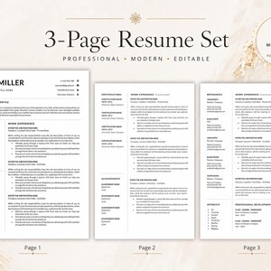 Three-page Kate Miller resume set with page 1, page 2 and page 3 previews for a clean modern editable Microsoft Word resume template.