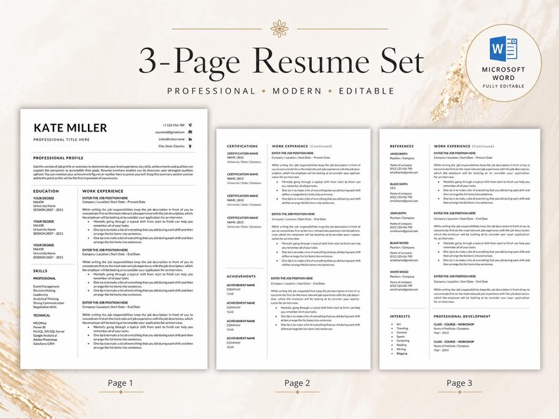 Three-page Kate Miller resume set with page 1, page 2 and page 3 previews for a clean modern editable Microsoft Word resume template.