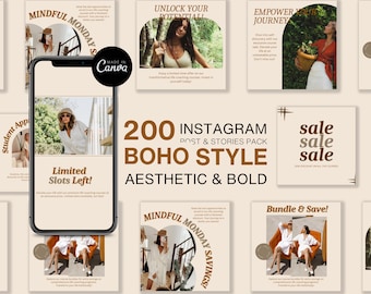 Boho Instagram Templates: 200 Posts & Stories, Canva Editable (Digital Download)