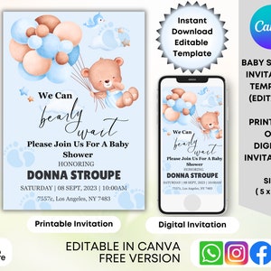 Modelli di invito per baby shower con orsetto azzurro cielo, inviti digitali modificabili, biglietti di invito stampabili per baby shower per bambine e bambini
