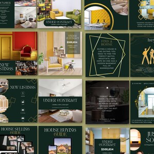 May include: A collage of images showcasing real estate listings. The images feature interior and exterior shots of homes, with text overlays indicating the status of the properties, such as "Under Contract" and "Just Sold". The images are set against a dark green background with gold accents.