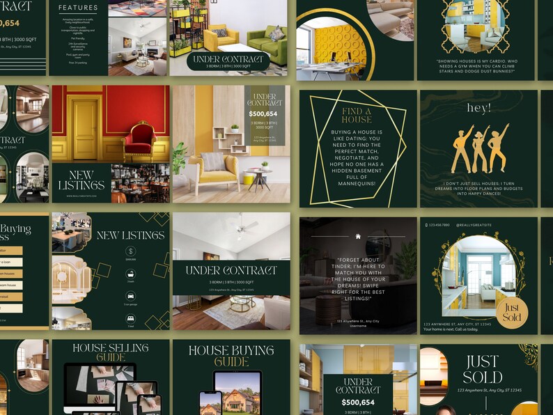 May include: A collage of images showcasing real estate listings. The images feature interior and exterior shots of homes, with text overlays indicating the status of the properties, such as "Under Contract" and "Just Sold". The images are set against a dark green background with gold accents.
