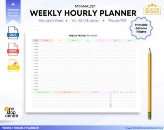 Editable Weekly Hourly Planner: Fillable PDF, A4/A5/US Letter