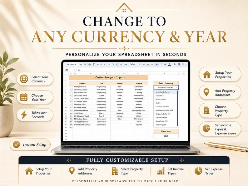 Landlord spreadsheet template with changeable currency and year settings for Google Sheets property tracking