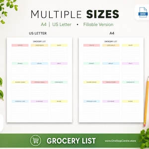 Grocery list template available in A4 and US Letter sizes for printable and editable use