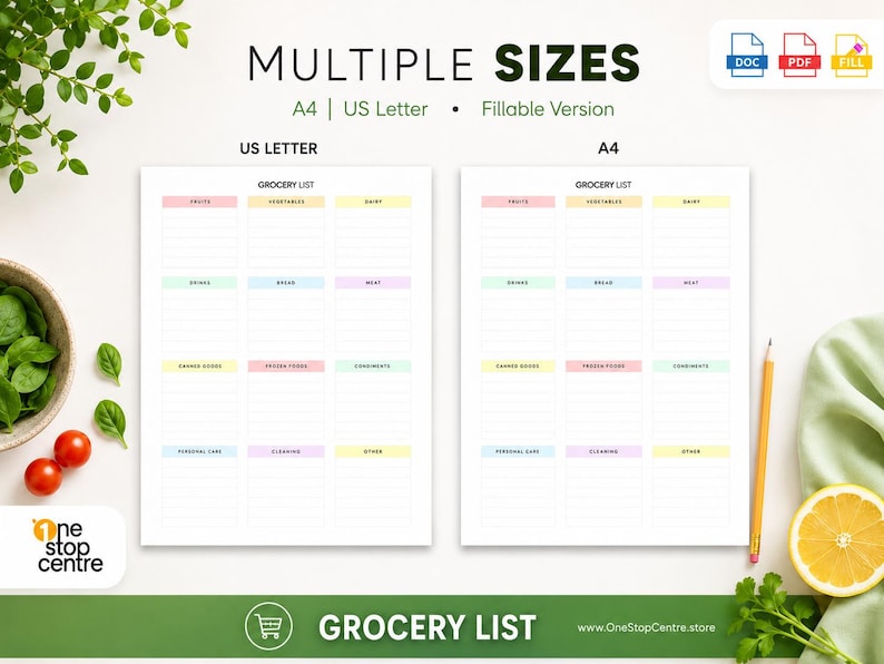 Grocery list template available in A4 and US Letter sizes for printable and editable use